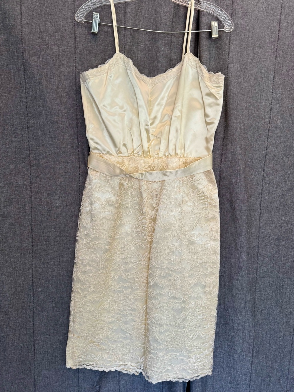 Vintage Sylvia Ann 1950’s Ivory Satin and Lace Belted Sheath Dress Wedding Party